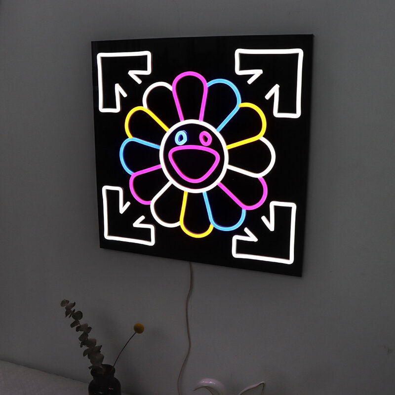 Néon colorido da flor com o backboard acrílico preto, sinal de néon conduzido, sinal de néon conduzido bonito, néon flexble