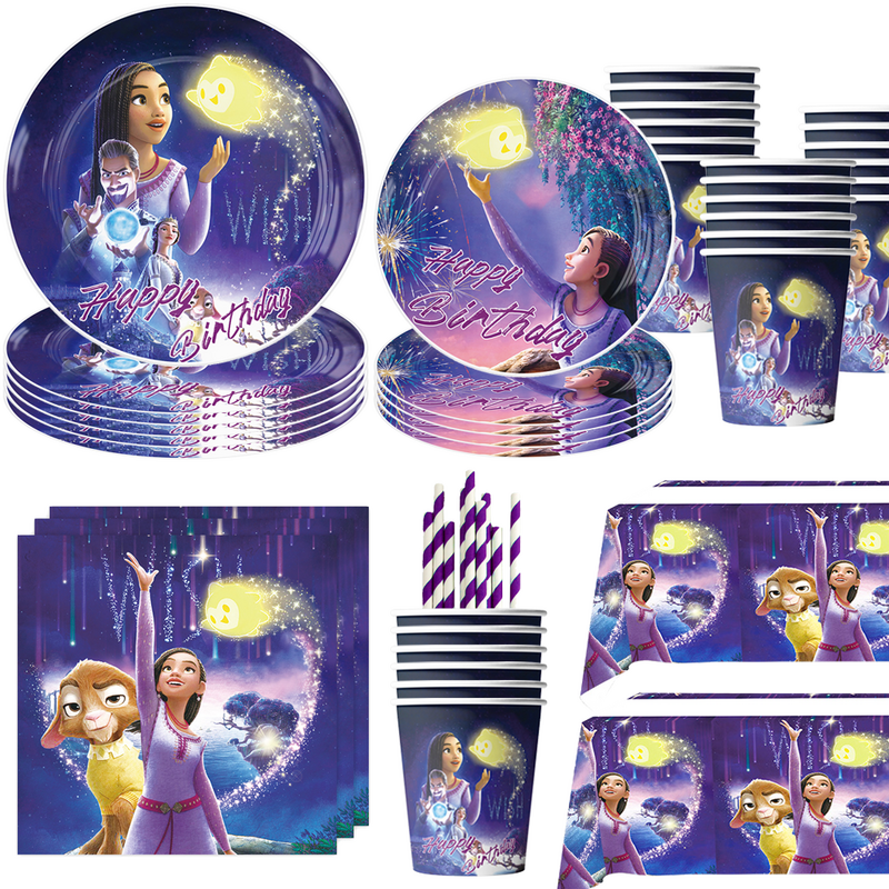 Disney Wish-vajilla desechable para decoración de fiesta de cumpleaños, vasos, platos, mantel, servilleta, globos Asha, suministros de fiesta para niñas