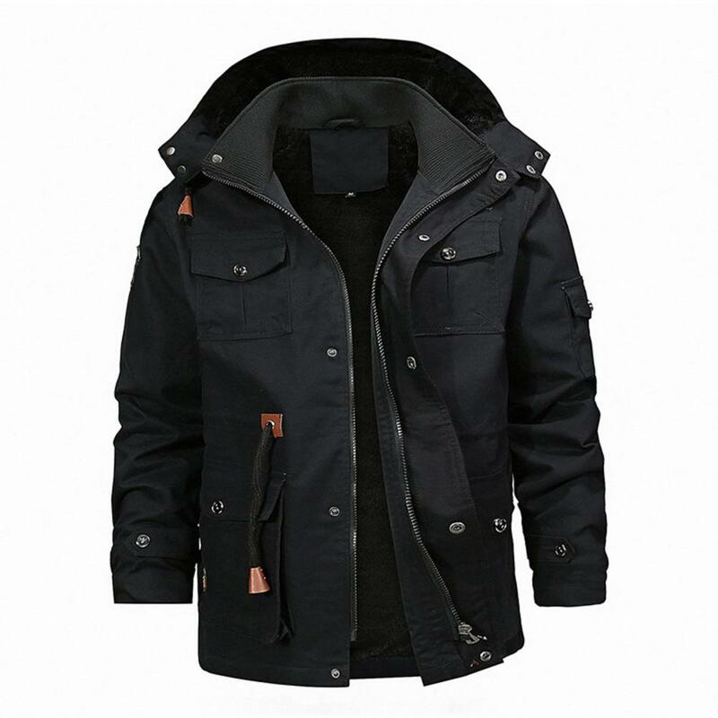 남성용 겨울 단색 재킷 코트, 분리형 후드 스탠드 칼라, 긴 소매 플리스 안감, 멀티 포켓, 지퍼, 플래킷, 아웃웨어