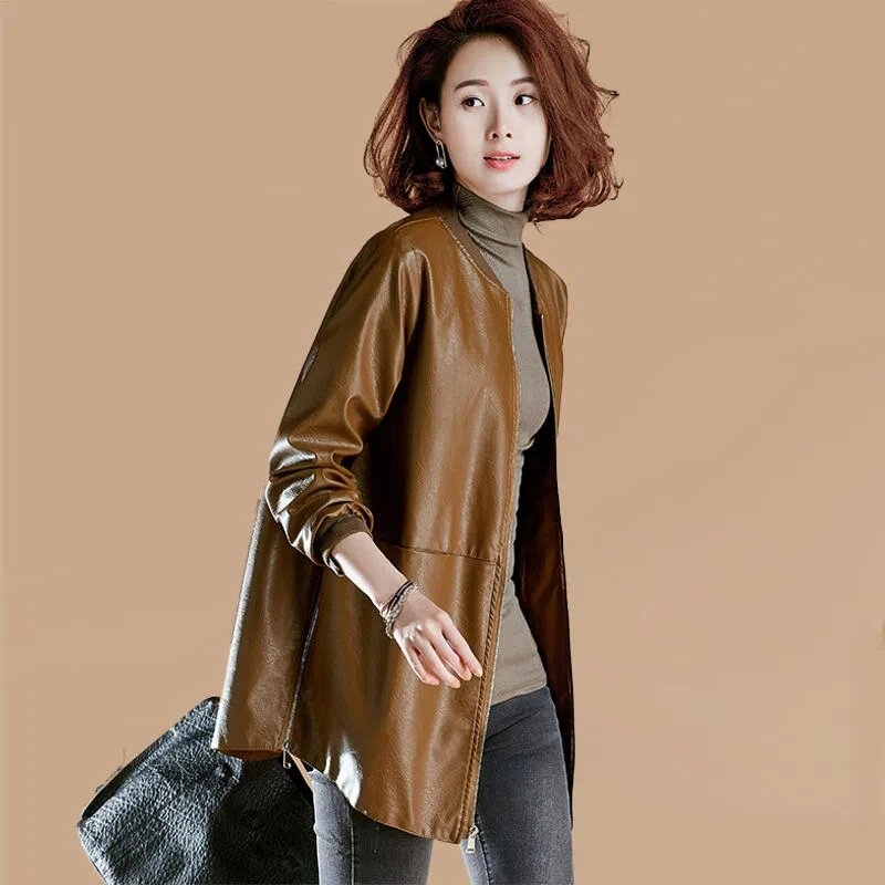 Novo Outerwea Mid-length Leather Coat Femme 2023 Primavera Outono New Coreano Loose Slimming PU Baseball Clothes Leather Jacket Mulheres