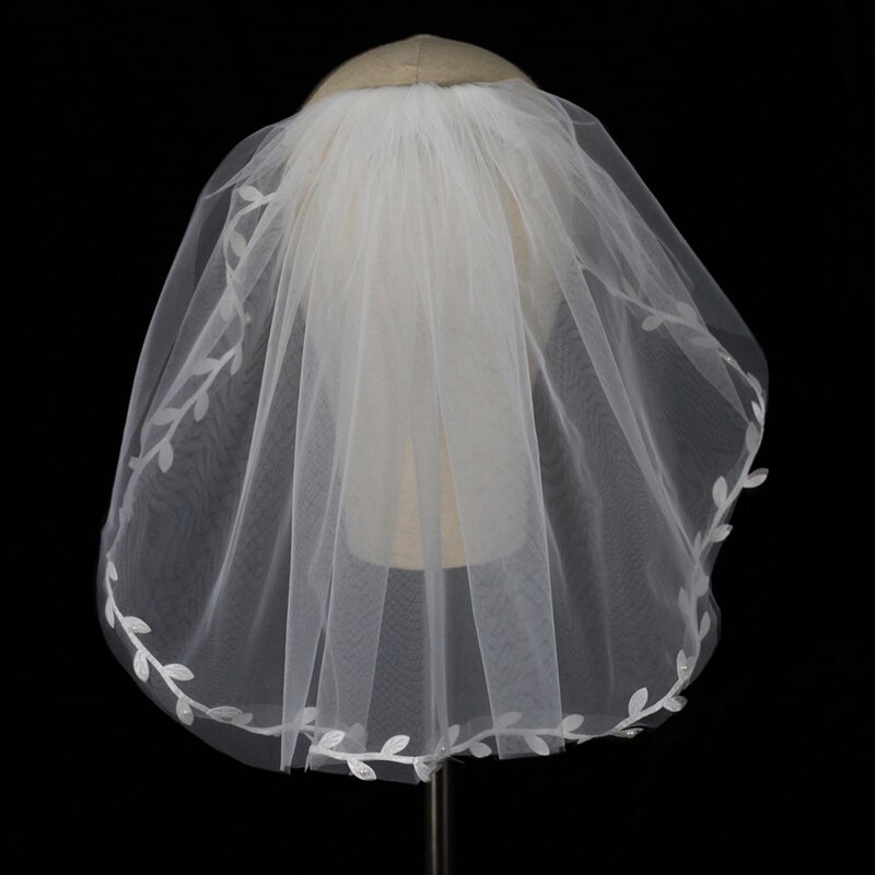 2 яруса свадебная вуаль листья декор 14,6 дюймов короткая длина прозрачный тюль иллюзия вуали для свадьбы косплей реквизит для