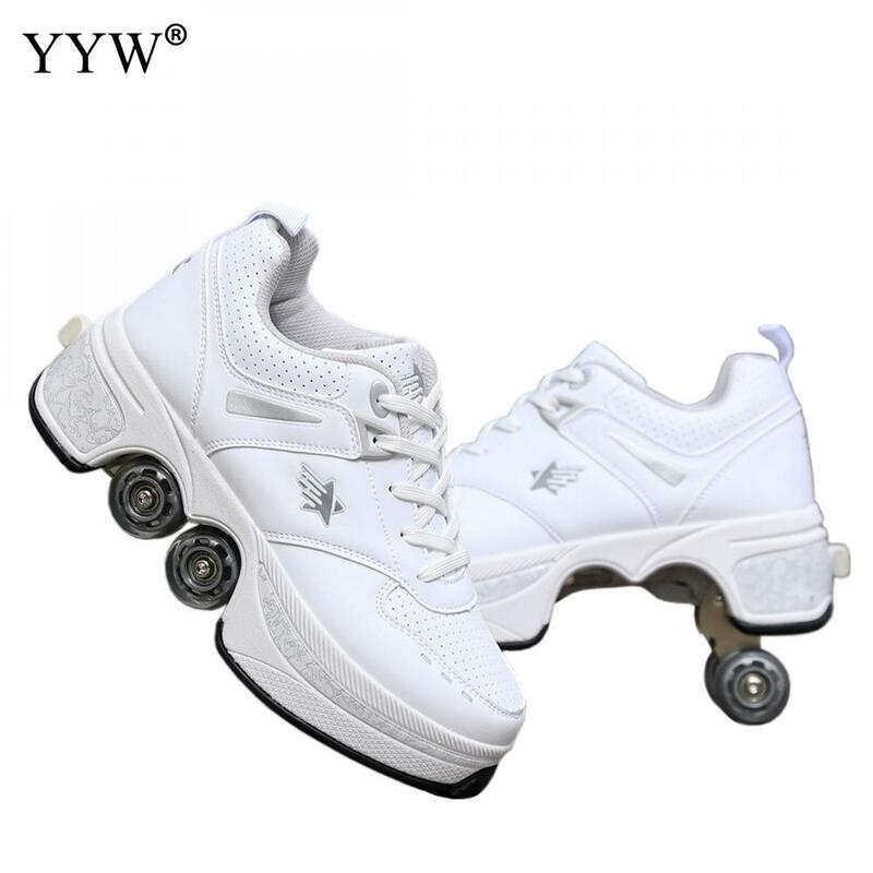 Zapatos de Skate de cuero Pu para niños, zapatillas de Parkour de deformación informales, patines para rondas, zapatos deportivos para correr para adultos, 4 ruedas