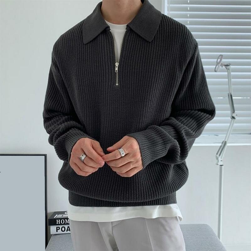 Men Sweater Men's Zipper Knit Sweater with Lapel Solid Color Long Sleeve Soft Warm Mid-length Casual Pullover for Fall Winter
