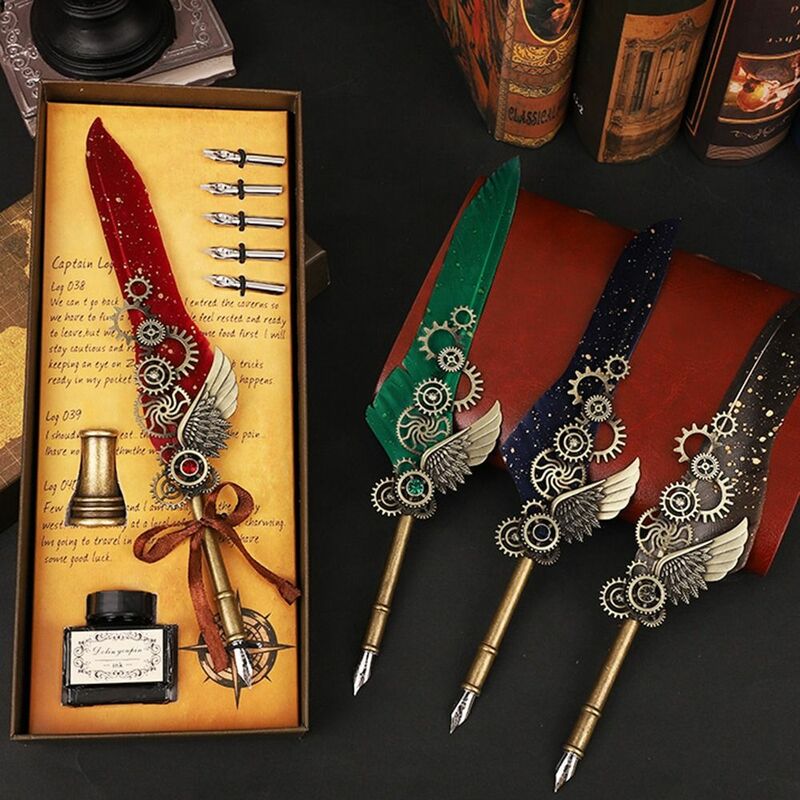 Mechanical Quill Fountain Pen Writing Set Luxury Vintage Punk Style Fountain Pen Creative Multicolor Writing Ink Set Student