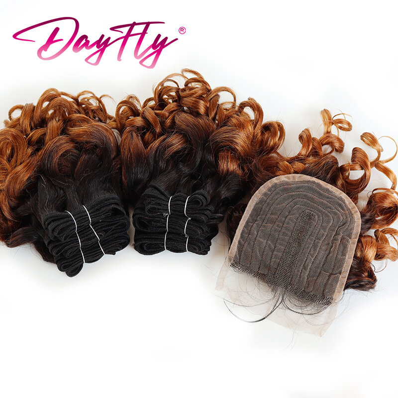 Mechones de cabello brasileño con cierre, extensiones de cabello humano rizado hinchable con cierre de parte en T 4x1, 6 mechones