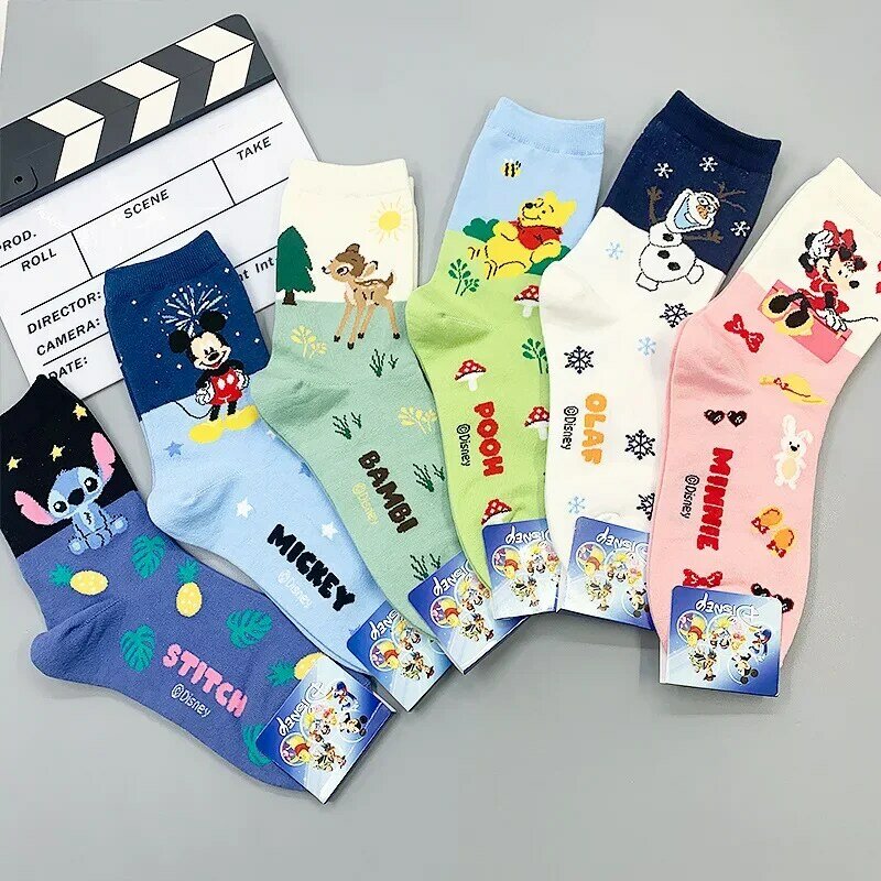 Cartoon Girl Sock Mickey Minnie Stitch Cute Print Animal Mickey Donald calzini da donna Cute Harajuku Cassual Cotton Girl Sock Size