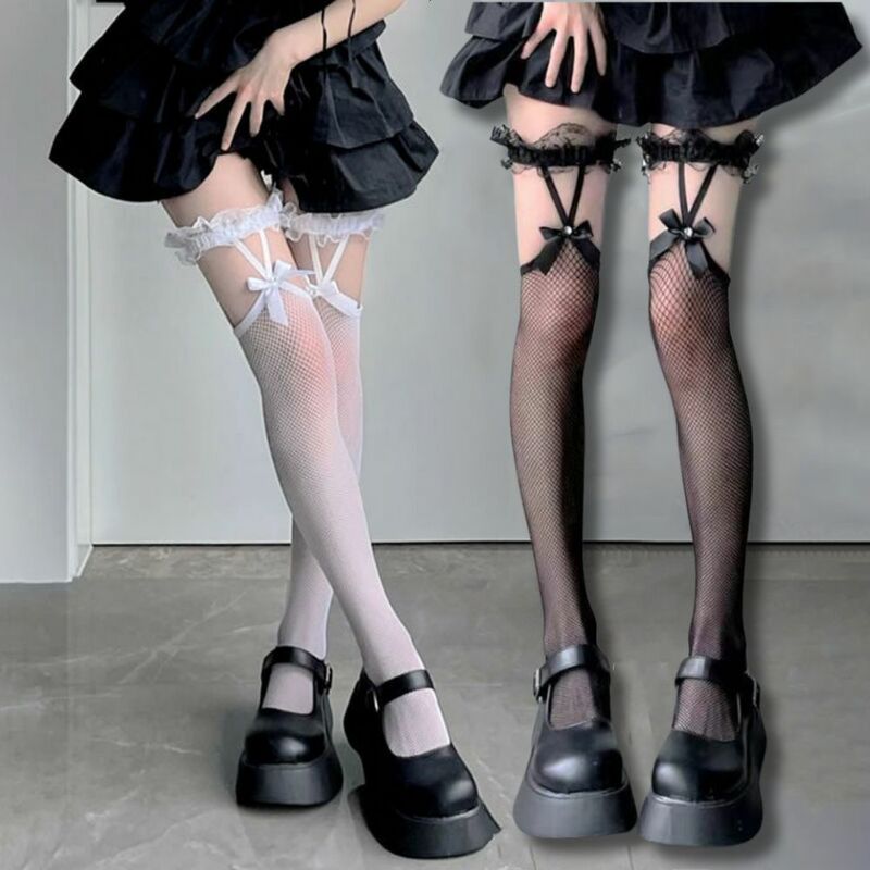 Sexy Mesh Fishnet Thigh High Stockings Y2K Harajuku JK Lolita Girls Long Socks Japanese Lace Bowknot Suspender Knee High Socks