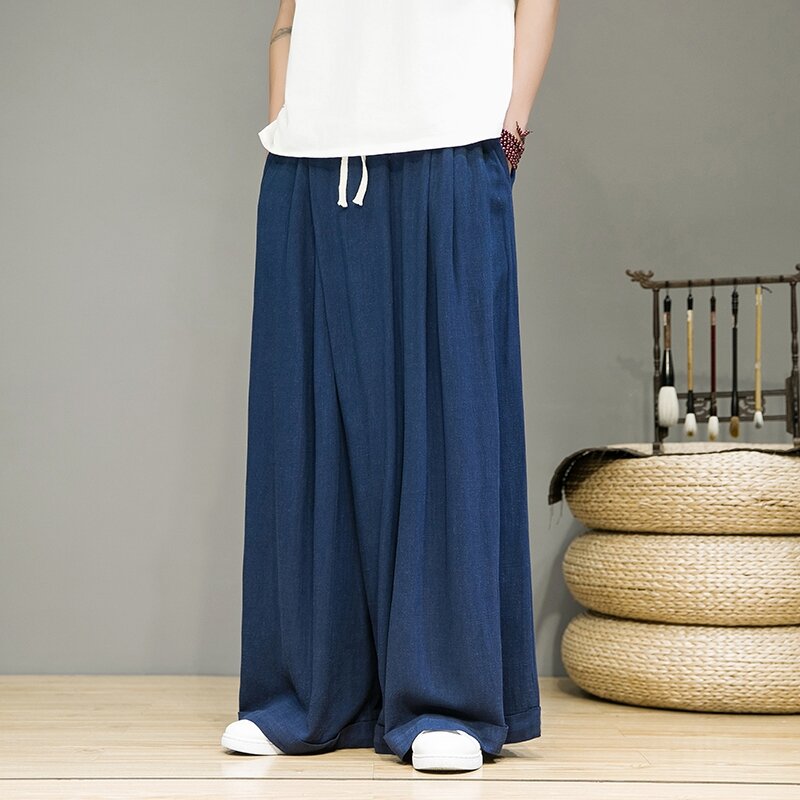 Celana kasual longgar pria ukuran plus musim panas celana rami katun retro celana panjang kaki lurus gaya Tiongkok