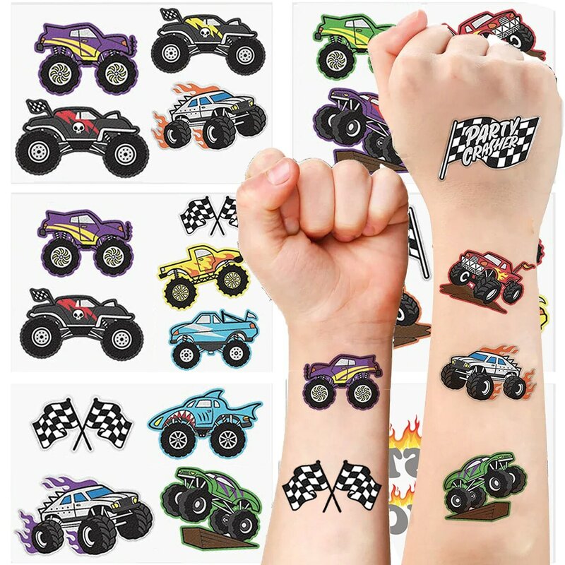 Stiker tato sementara truk Off-road anak-anak, 6 lembar stiker tato kreatif untuk anak laki-laki, mainan wajah lengan kaki transportasi stiker tato untuk anak-anak