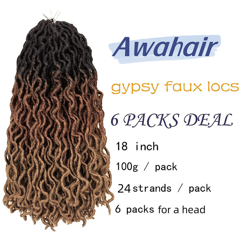 Awahair 18"Goddess Faux Locs Crochet Hair Synthetic Hair Extensions Ombre Curly Soft Dreadlocks African Wave Gypsy Braids Hair