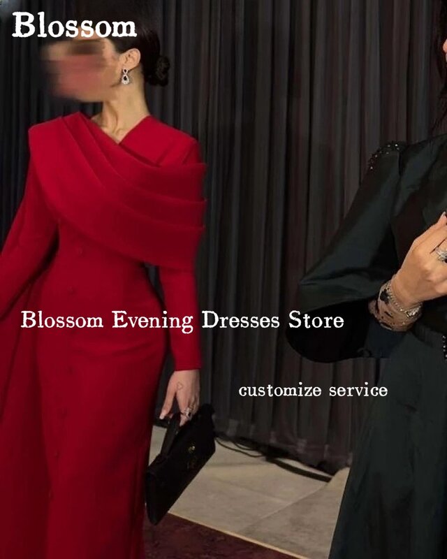 Vestidos de noite Crepe vermelho sereia vintage, mangas compridas, fenda frontal plissada, vestidos de baile formais, vestido de festa azul elegante