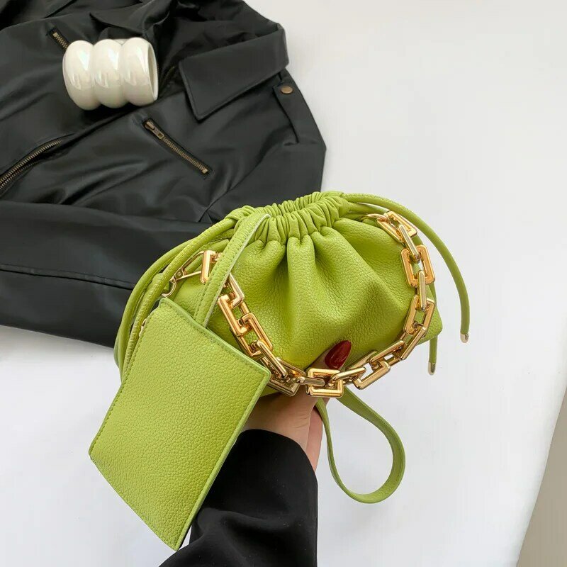 2 Set Bucket Bag Handbag Fashion Thick Chain Shoulder Bag For Women Drawstring Crossbody Phone Bag 2024 Spring Khaki Green Bag