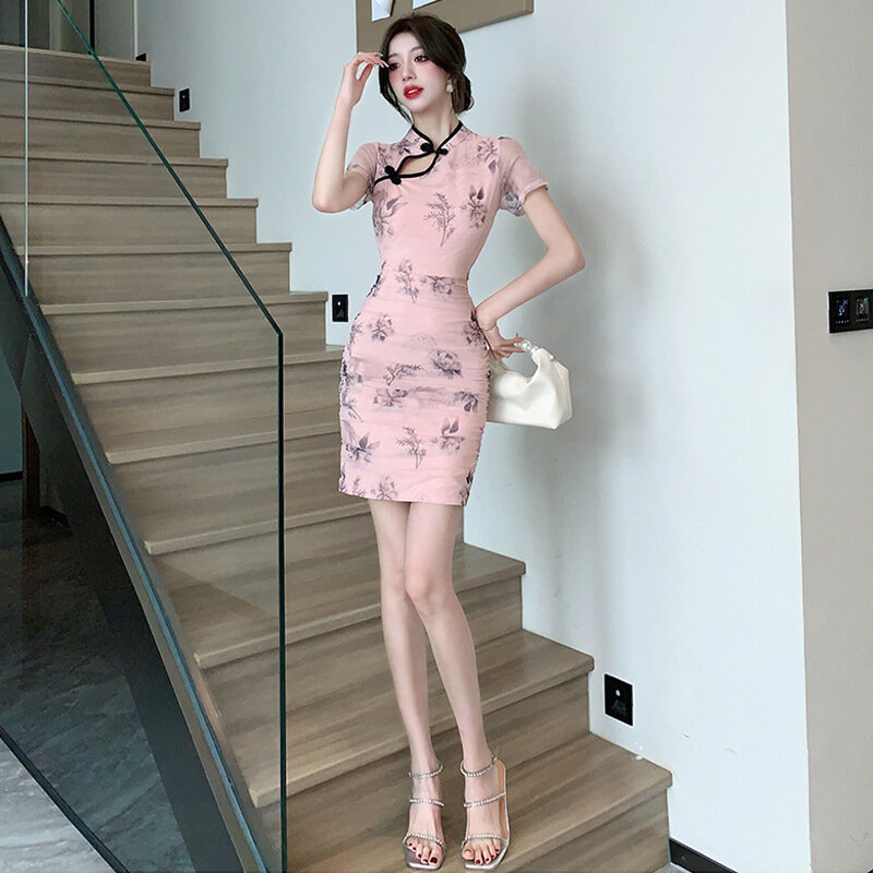 Hoge Kwaliteit 2024 Retro Korte Mouwen Bedrukte Sexy Billen Geplooide Cheongsam Jurk Elegante Vestidos Vrouwen Kleding Mini Jurk