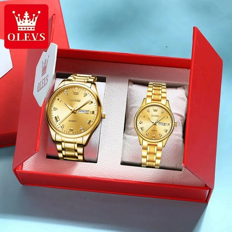 OLEVS jam tangan pasangan, arloji Quartz 5563 merek mewah tahan air untuk pasangan pria dan wanita