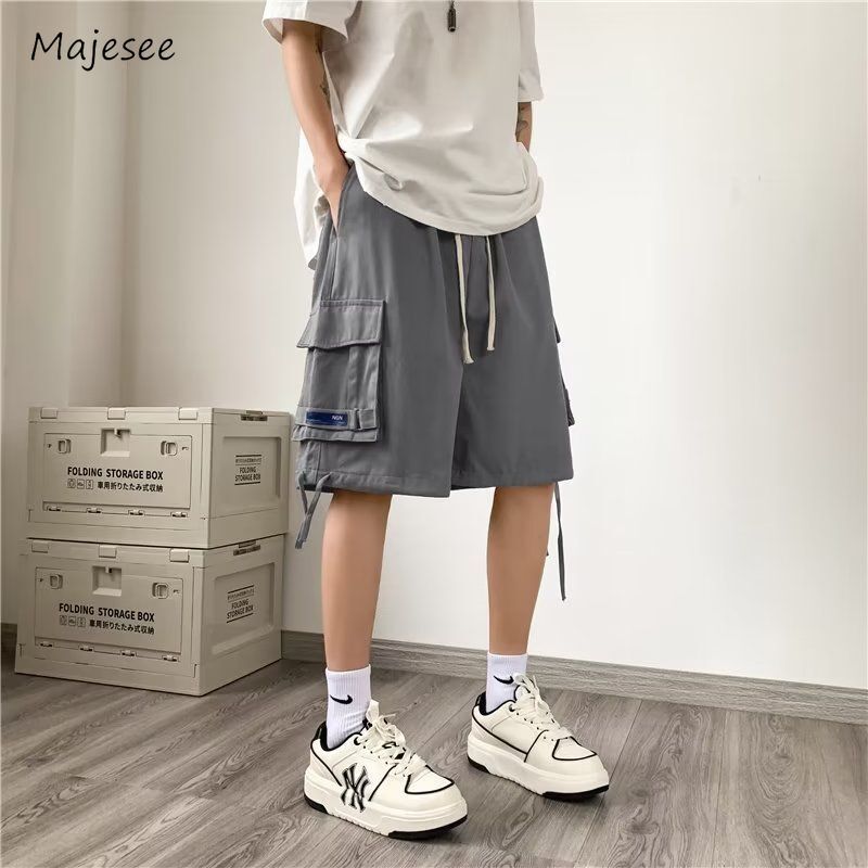 Safari Style Shorts Men Loose High Street Solid Summer Knee-length Multi Pocket American  Male Fashion Popular All-match