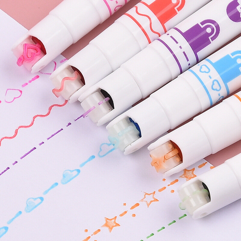 6pcs/set Heart Star Clouds Curve Line Shaped Highlighter Pen Color Roller Tip Art Marker Highlighter Cute Stationery School