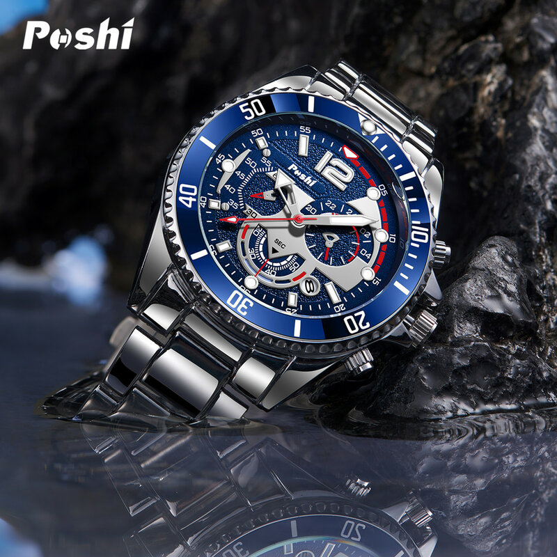POSHI-Relógio de quartzo de luxo masculino, relógio de pulso luminoso impermeável, pulseira de mancha inoxidável, esporte