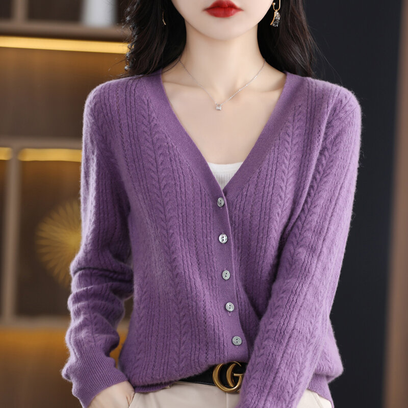 New Spring Autumn Pure Wool Cardigan Women's V-neck Merino Wool Knitted Jacket 2023 Korean  Westernized Pure Color Versatile Top