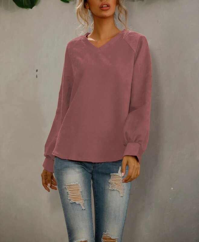 여성 브이넥 코듀로이 티셔츠, 단색 풀오버, 루즈핏 긴 랜턴 소매 스웻셔츠, 봄 가을 신상
