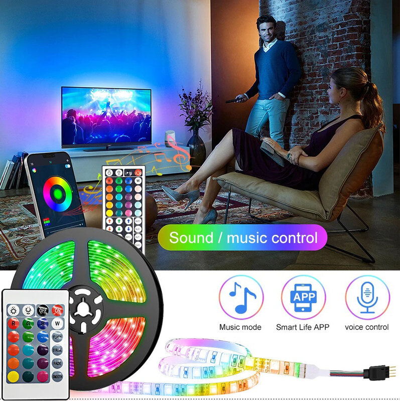 Bluetoothを備えたスマートLEDストリップライト,音楽同期用のフレキシブルライト,USB,室内装飾用リボンライト,テレビのバックライト