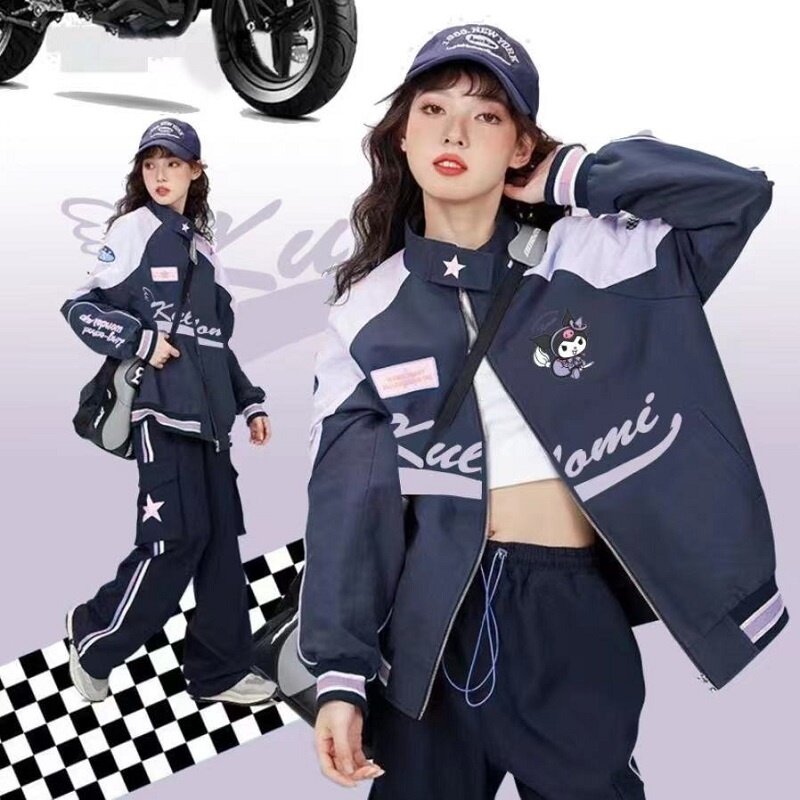 Jaqueta feminina solta quente Windproof Racer, Miniso Sanrio Y2k Cinnamoroll, Calças motociclista Kawaii, Perfuração dos desenhos animados, roupas casal