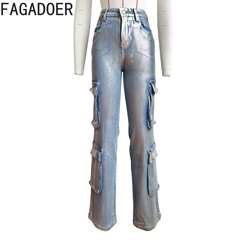 FAGADOER Fashion Sparkling Pocket Cargo Pants Women High Waisted Button Straight Bottoms Female Solid Color Matching Trousers