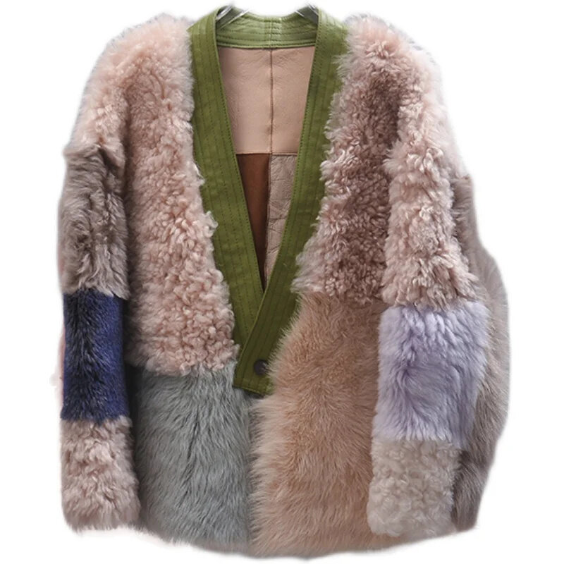 Tcyeek mantel musim dingin wanita Tuscan mantel bulu wol pakaian wanita warna kontras jaket wanita hangat mode Casaco Feminino Lq