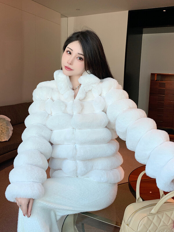 Casacos de pele sintética com decote em v para mulheres, jaqueta chique, grossa e quente, forro interno e botões, tops curtos, inverno