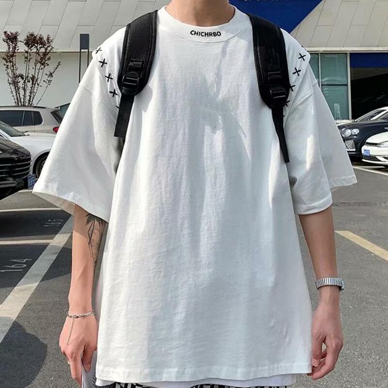 Kaus pola pria T-shirt tambal sulam gaya Jepang pria dengan kerah kru longgar untuk musim panas Streetwear Fashion atasan leher bulat