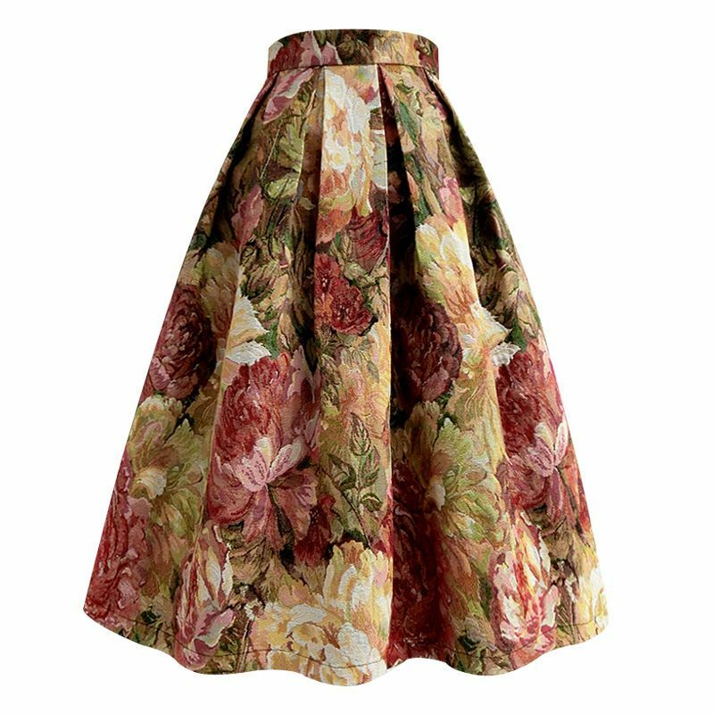 Jupe longue plissée à imprimé floral vintage pour femmes, jupes élégantes, jacquard esthétique, taille haute, poches, Q530, printemps