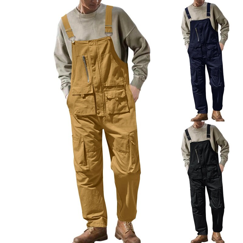 Baju kodok pria ukuran besar warna Solid gaya kargo semua cocok Bib baju terusan harian perjalanan nyaman pakaian kerja Romper