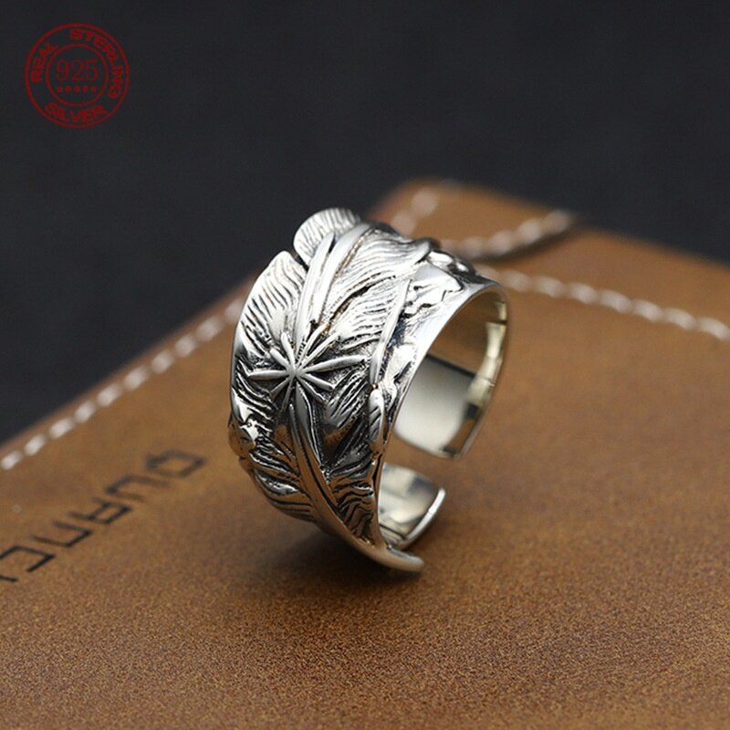Vintage S925 Silver Feather Ring for men and women Hip Hop trend Wide Edition personality open Ring jewelry gift