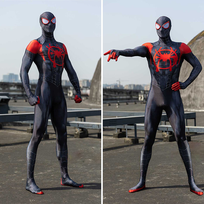 Miles Morales Spiderman หน้ากาก Spider Man Miles Morales Cosplay Jumpsuit Bodysuit เครื่องแต่งกายฮาโลวีนสำหรับ Aldult เด็ก
