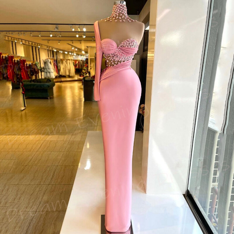 아라비아 아름다운 부드러운 핑크 여성 인어 모던 이브닝 드레스, 매력적인 섹시한 원 숄더 무도회 가운, 비즈 드레스 갈라