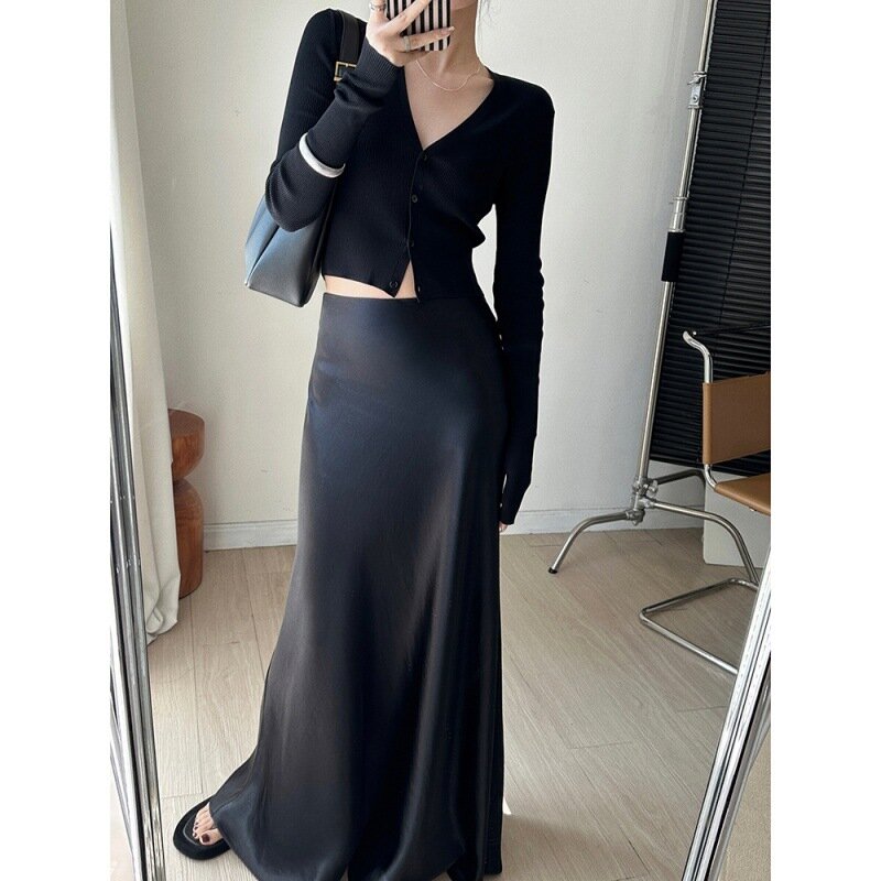 High-waisted Satin Long Skirt for Women 2024 New Summer Style Slimming and Fashionable Drapey A-line Skirt