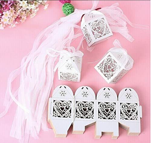 50 Pack White Flower Heart Laser Cut Favor Candy Box Bomboniere with Ribbons Bridal Shower Weddng Party Favors