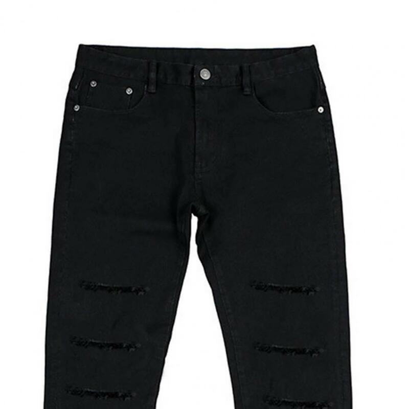 Korean Men Trousers Button Zipper Fly Pockets Jeans Ripped Holes Slim Denim Pants Streetwear