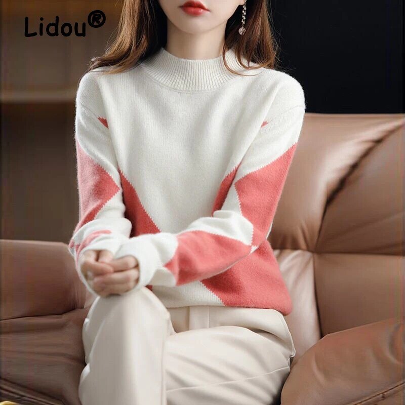 한국어 간단한 스타일 대조 색상 스위트 니트 스웨터 가을 겨울 캐주얼 긴팔 풀오버 탑 의류