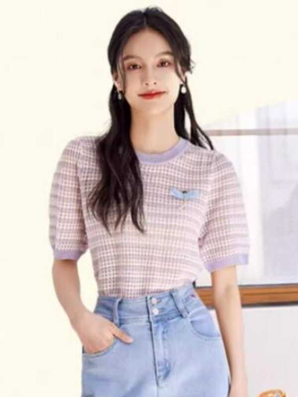 T-shirt donna moda giovanile stile coreano Shinny o-collo Chic carino quotidiano manica corta Casual accogliente studentesse elegante affascinante