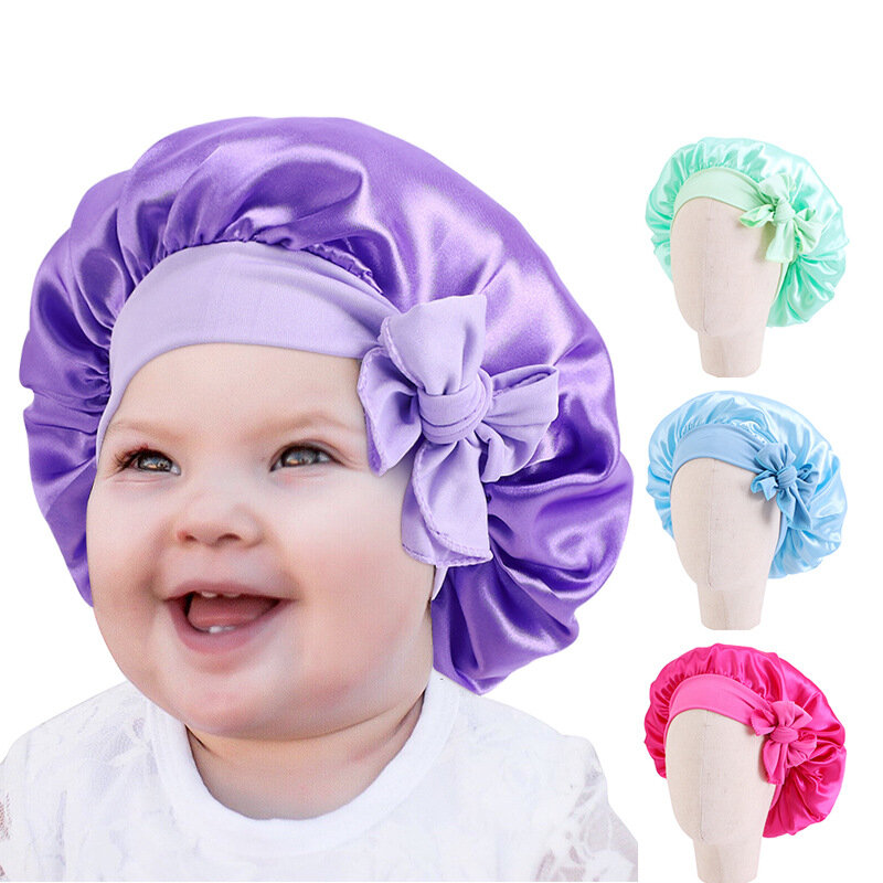 Topi Sutra Satin Solid dengan Pita Dasi Topi Tidur Bayi Ikatan Simpul Topi Tidur Malam Bayi Anak-anak Topi Rias Anak Perempuan Topi Malam Anak-anak