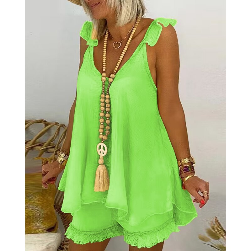 Women Sleeveless Flowy Top & Tassel Design Shorts Set Female V-Neck Solid 2 Piece Casual Loose Summer 2023 Outfits Clothing