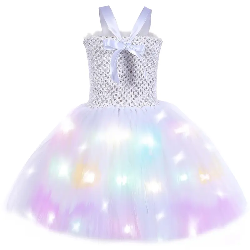 Disfraz de Ángel Blanco para niñas, con luz LED tutú, vestido de princesa, traje de alas de Ángel guardián, Cosplay para niños, vestido de fiesta de Halloween