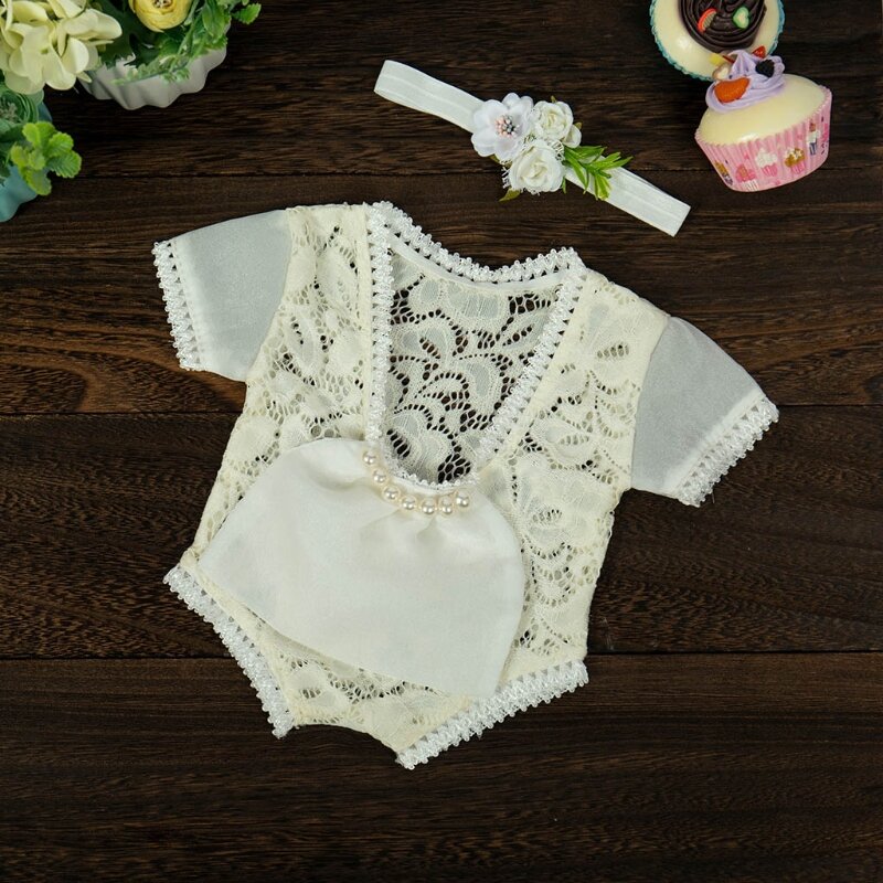 Newborn Baby Photography Props Girls Lace Romper Jumpsuit Headband Set Infants Princess Costume Outfits