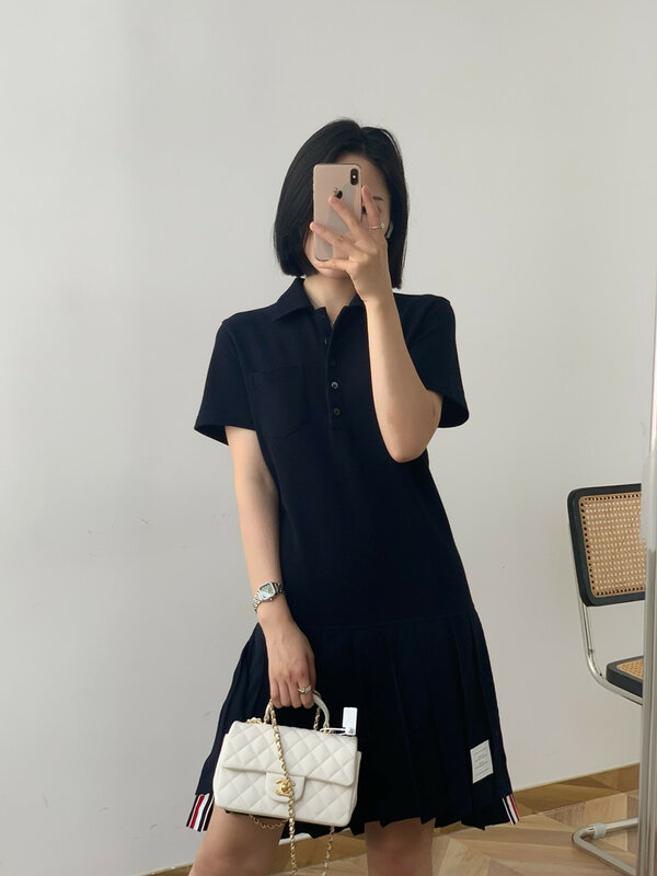 High quality TB Summer New Trendy Brand Drape Cotton Piqué Breathable Dry and Washable Polo Pleated Dress