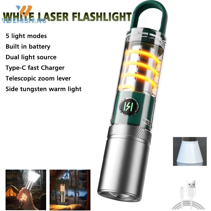 Lampe de poche laser blanche avec abat-jour, torche aste interne 18650, 5modes, crochet de n'aime, face face, fil de tungstène, lampe de camping