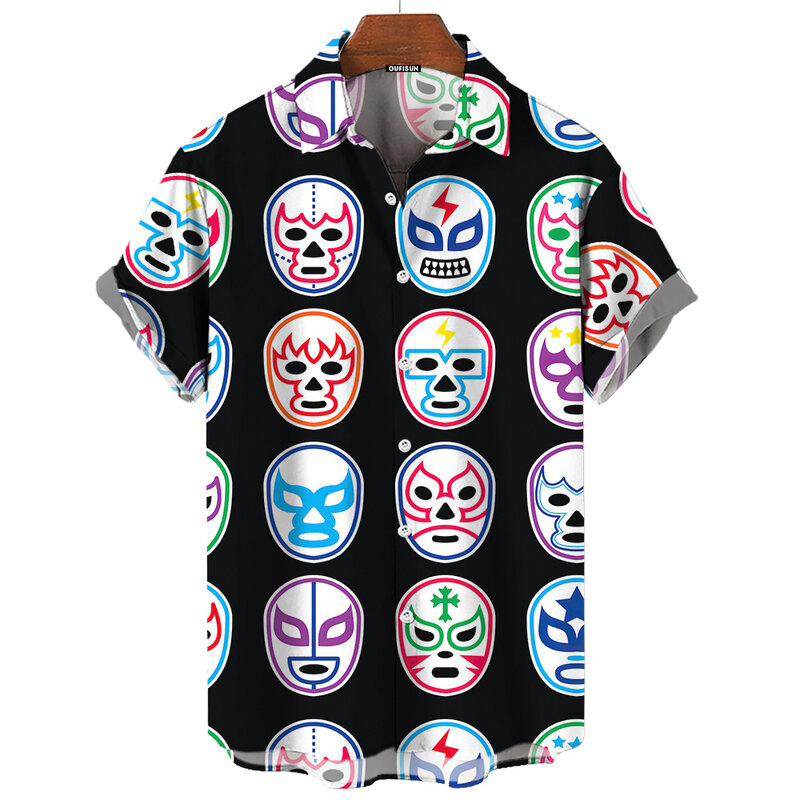 เสื้อฮาวายเสื้อเชิ้ตผู้ชายพิมพ์ลายหน้ากาก3D สำหรับผู้ชาย, เสื้อฮาวายลำลองใส่ไปทะเลเสื้อโอเวอร์ไซส์2024ใหม่