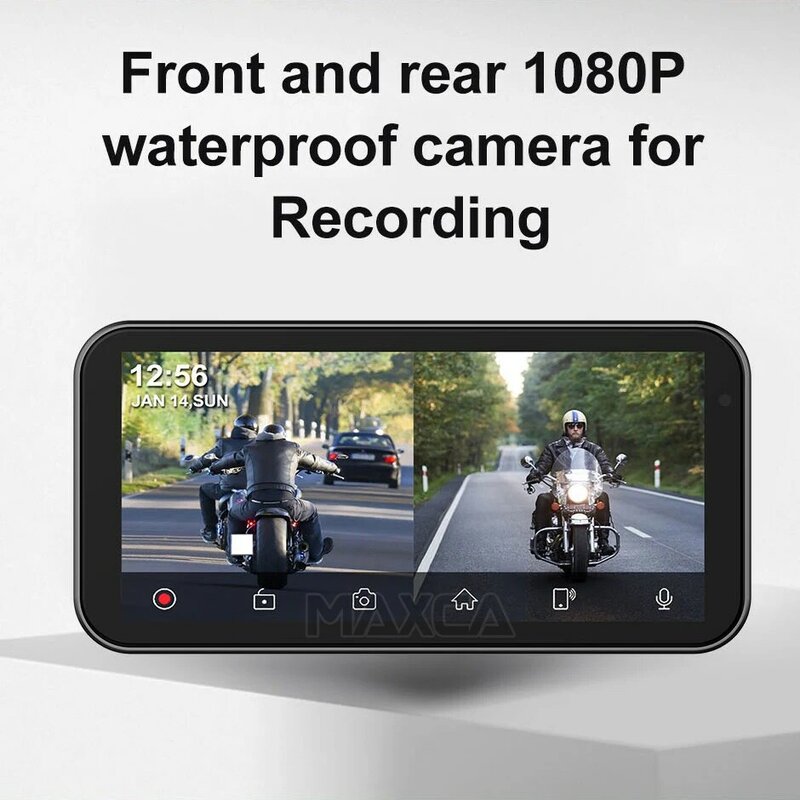 MAXCA-M6 impermeable IP67 para motocicleta, DVR, HD1080P, cámara Dual con Apple Carplay inalámbrico, Android Auto