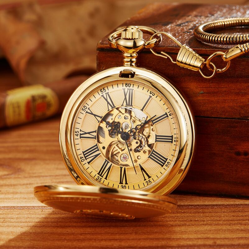 Reloj de bolsillo mecánico automático tallado en oro para hombres, caja dorada grabada Vintage, reloj de cadena Fob para colección