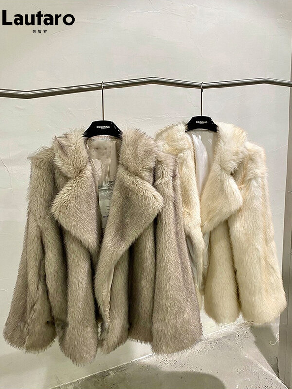 Lautaro 여성용 루즈 캐주얼 두꺼운 따뜻한 부드러운 털 인조 모피 코트, 럭셔리 고품질 모피 푹신한 재킷, 한국 패션, 겨울