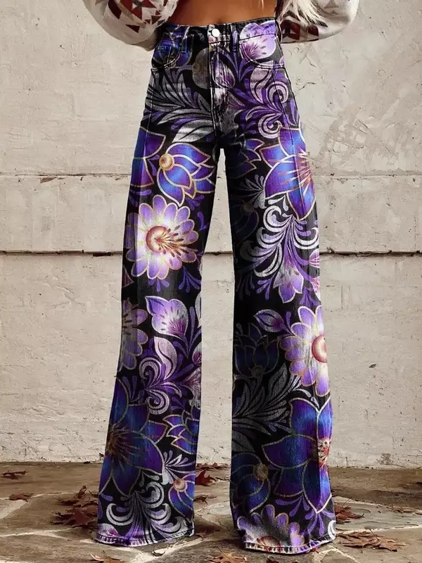 Pantalones vaqueros florales de moda para mujer, pantalones de pierna ancha de cintura alta, pantalones sueltos de imitación delgada, pantalones de pierna ancha